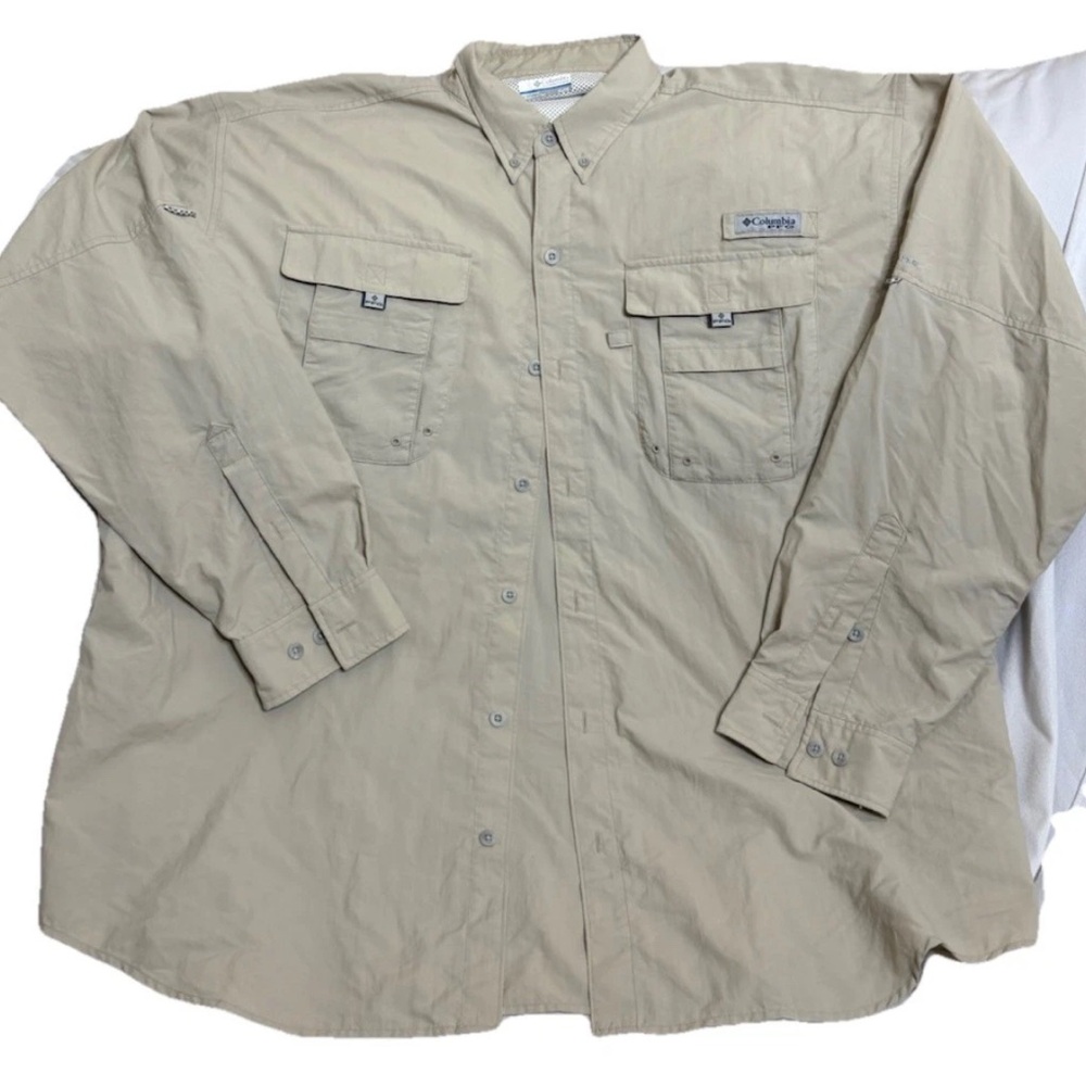 Columbia PFG Rare Humvee Logo Beige Button Up Fishing Cotton Vented XL
